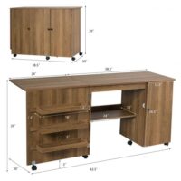 Folding Sewing Table Shelves Storage Cabinet Craft Cart with Wheels-Natural - Image 3