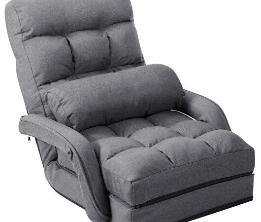 Folding Lazy Floor Chair Sofa with Armrests and Pillow-Gray