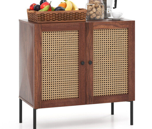 Kitchen Sideboard with 2 Rattan Doors and Adjustable Shelf-Walnut