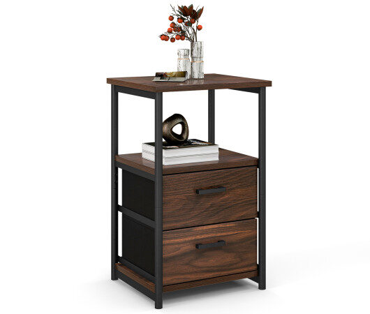 3-Tier Retro Nightstand with 2 Removable Fabric Drawers and Open Shelf-Walnut