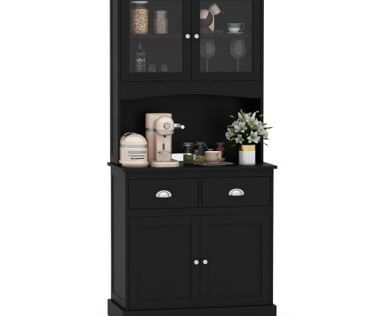 Tall Sideboard with 2 Drawers and Adjustable Shelves-Black