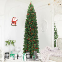 7.5 Feet Pre-lit Hinged Pencil Christmas Tree with Pine Cones Red Berries - Image 4