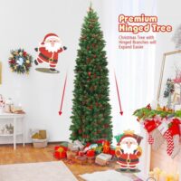 7.5 Feet Pre-lit Hinged Pencil Christmas Tree with Pine Cones Red Berries - Image 3