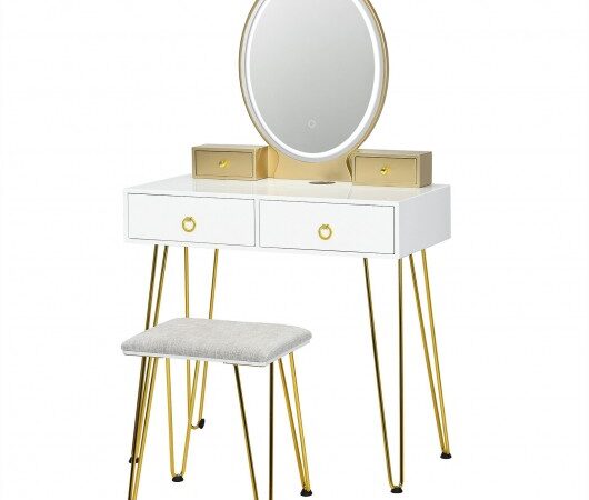 Vanity Table Set with 3-Color Lighted Dimmable Mirror-White