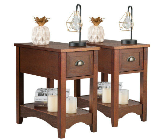 Set of 2 Contemporary Side End Table with Drawer-Walnut