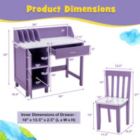 Kids Wooden Writing Furniture Set with Drawer and Storage Cabinet-Purple - Image 2