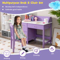 Kids Wooden Writing Furniture Set with Drawer and Storage Cabinet-Purple - Image 4